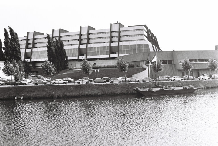 Exterior view on the Palais de l'Europe seen across the Ill river in Strasbourg in September 1980