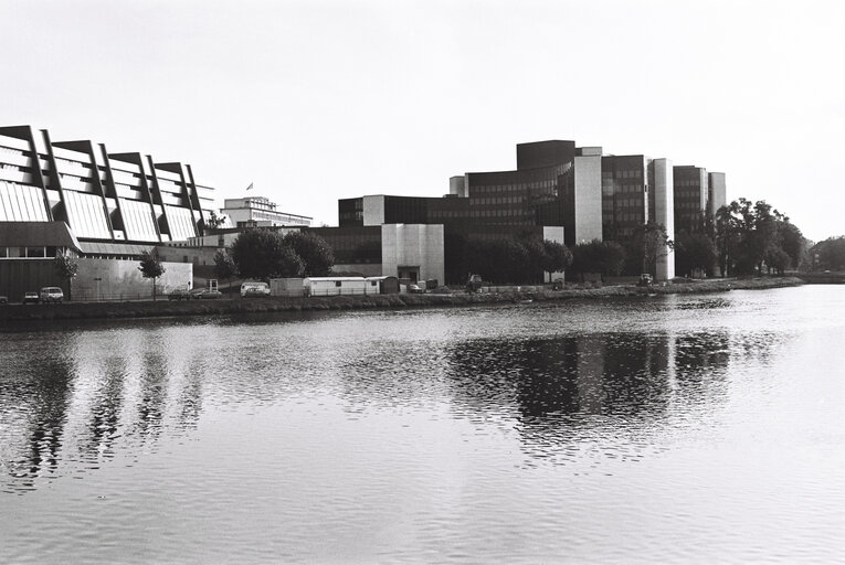 Exterior view on the Palais de l'Europe and the IPE building seen across the Ill river in Strasbourg in September 1980