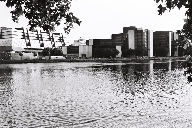 Exterior view on the Palais de l'Europe and the IPE building seen across the Ill river in Strasbourg in September 1980