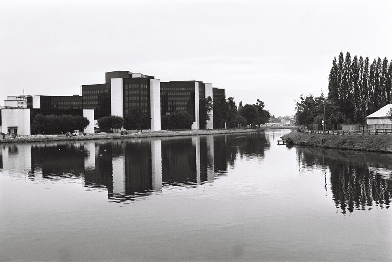 Exterior view on the IPE building seen across the Ill river in Strasbourg in September 1980