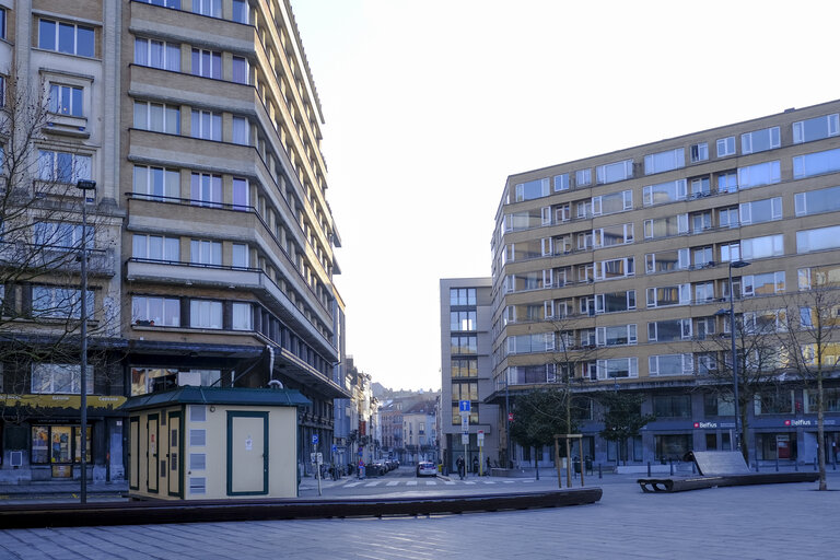 Empty streets of Brussels during lockdown period imposed by Belgian authorities to limit the spread of COVID-19 virus