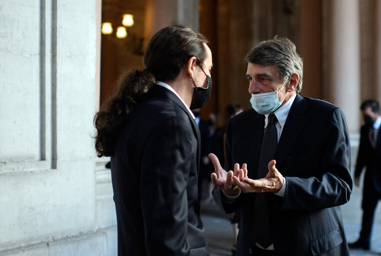 Visit of David SASSOLI, EP President to Madrid - Meeting with Pablo IGLESIAS, Second Deputy Prime Minister and Minister of Social Rights and 2030 Agenda at the Royal Palace in Madrid on July 16, 2020.