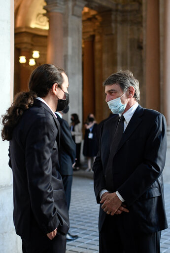 Снимка 4: Visit of David SASSOLI, EP President to Madrid - Meeting with Pablo IGLESIAS, Second Deputy Prime Minister and Minister of Social Rights and 2030 Agenda at the Royal Palace in Madrid on July 16, 2020.