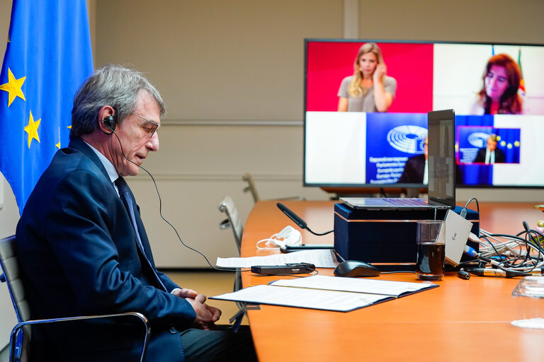 Suriet 3: David SASSOLI, EP President takes part in a video conference 'High-level panel: Upward convergence - What does it take in view of the crises  ?'  organised by Hubertus HEIL German Federal Ministry of Labour and social affairs.