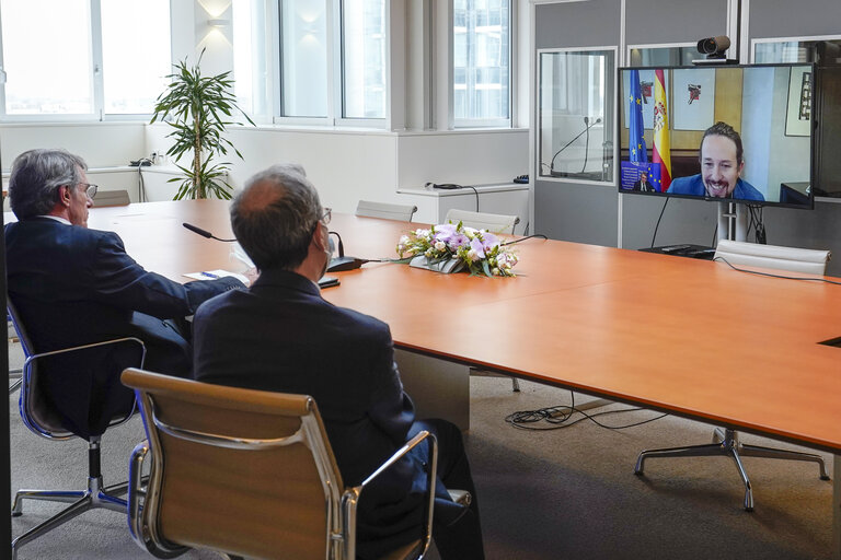 David SASSOLI, EP President meets in video with Pablo IGLESIAS, Spanish Vice-President of Spanish Government.