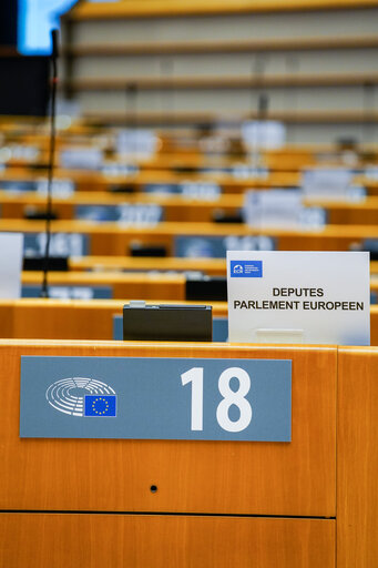 Empty plenary chamber in Brussels