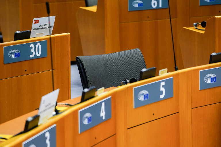 Empty plenary chamber in Brussels