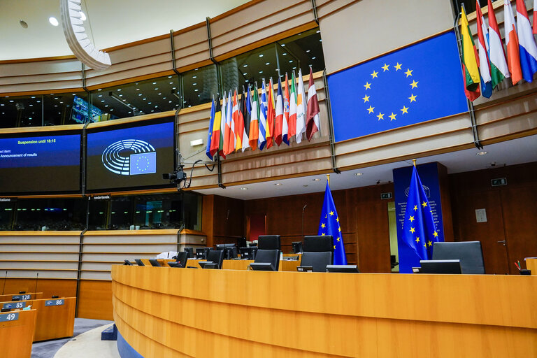 Empty plenary chamber in Brussels