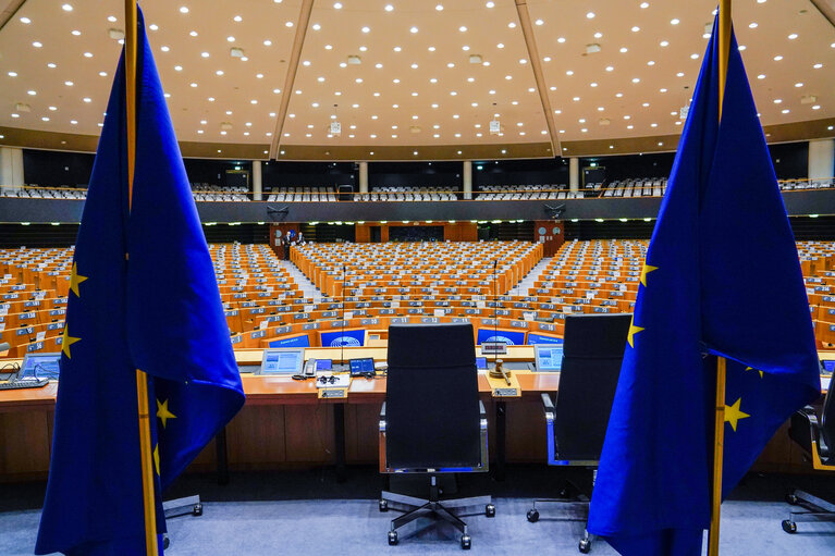 Empty plenary chamber in Brussels