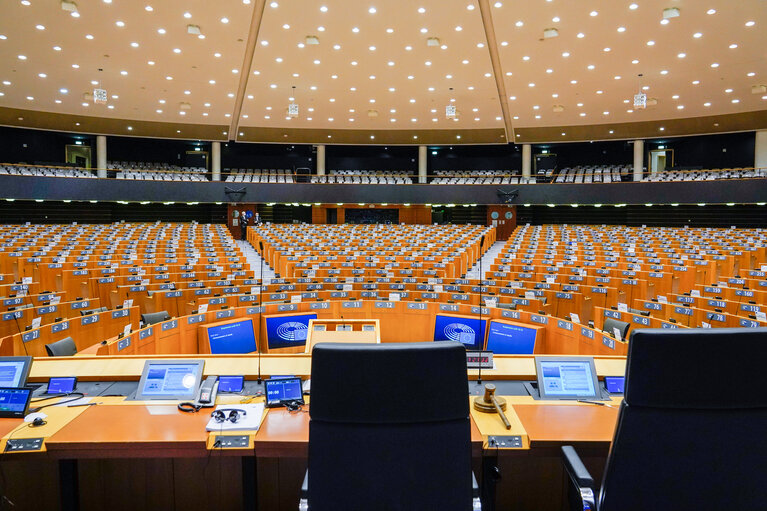 Empty plenary chamber in Brussels