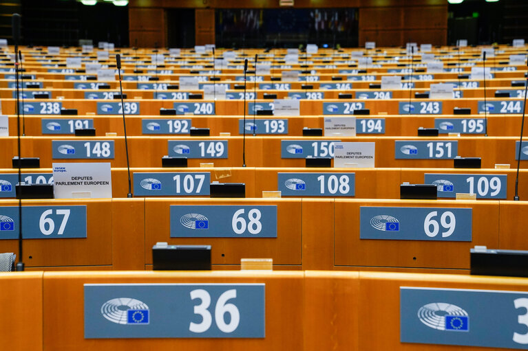 Empty plenary chamber in Brussels