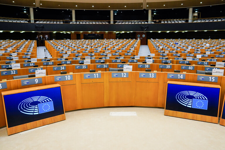 Empty plenary chamber in Brussels