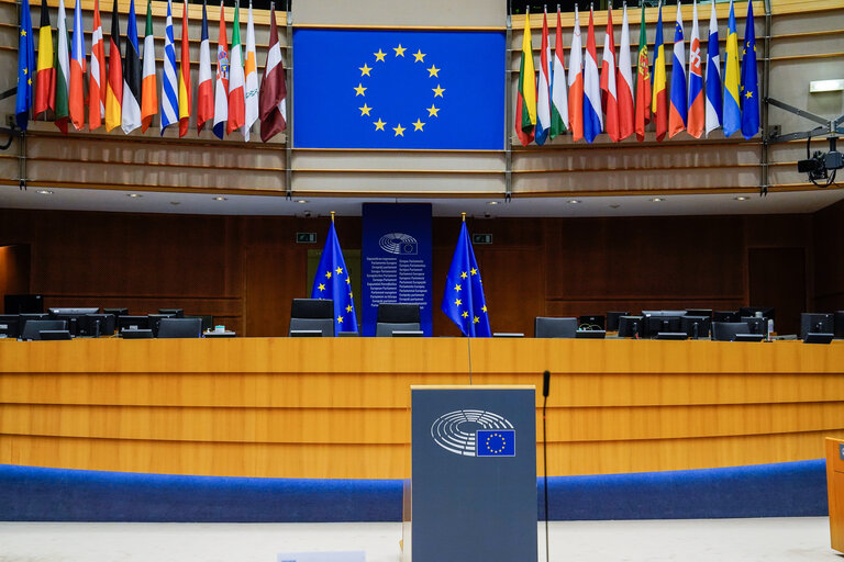 Empty plenary chamber in Brussels