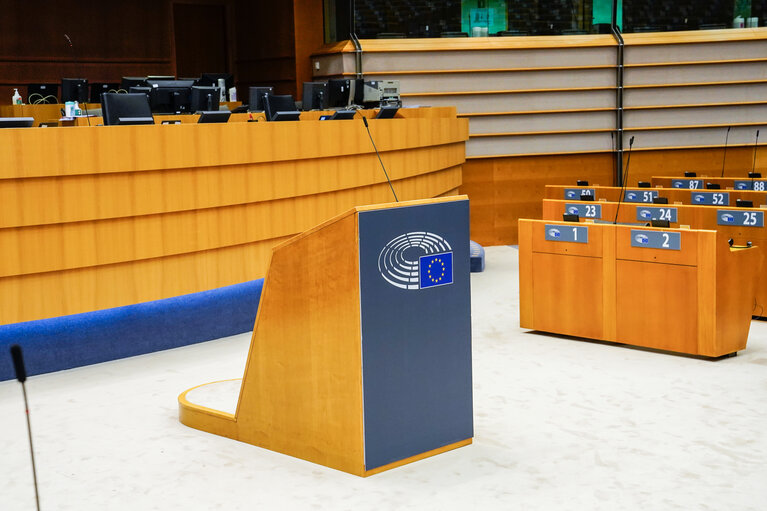 Empty plenary chamber in Brussels