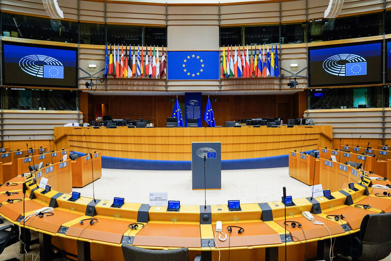 Empty plenary chamber in Brussels