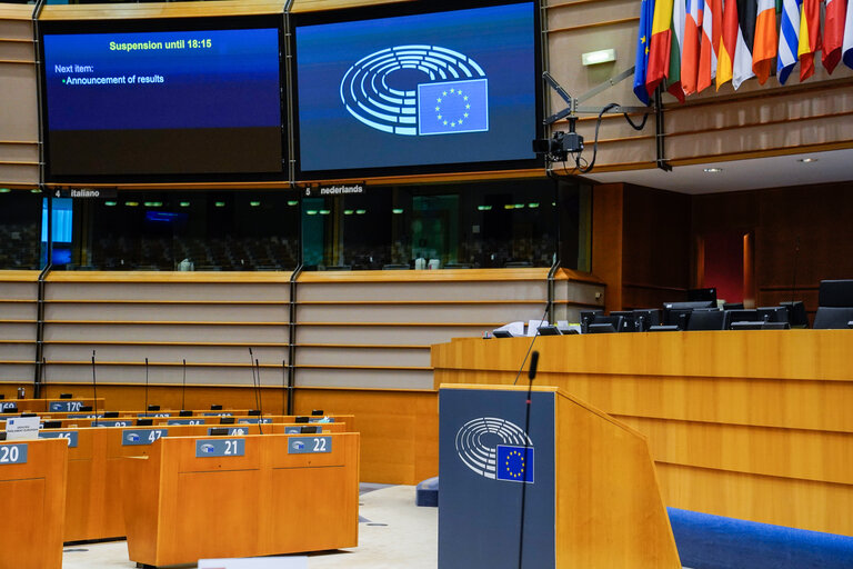 Empty plenary chamber in Brussels