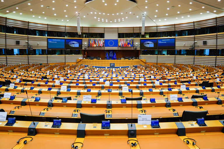 Empty plenary chamber in Brussels