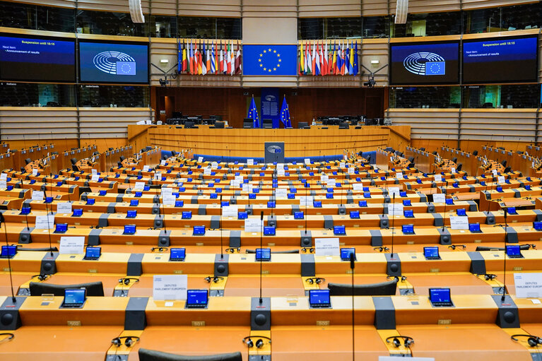 Empty plenary chamber in Brussels