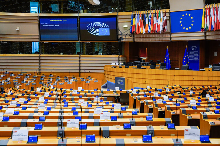 Empty plenary chamber in Brussels