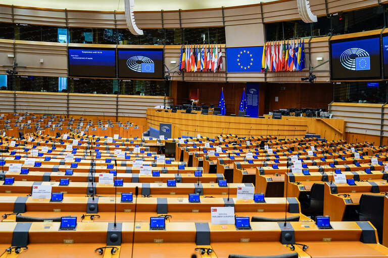 Empty plenary chamber in Brussels