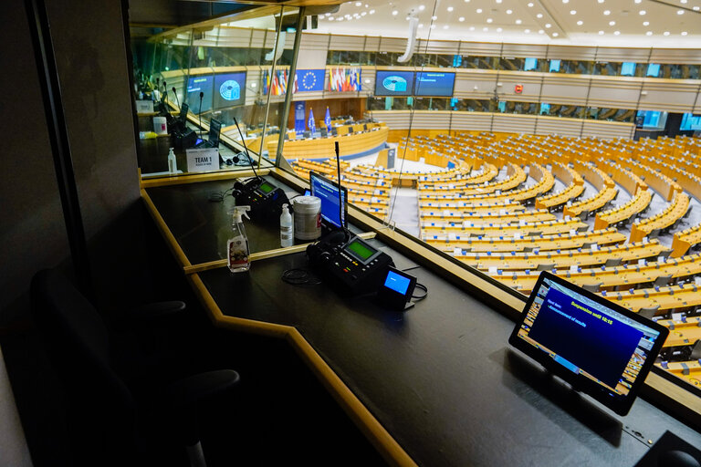 Empty plenary chamber in Brussels