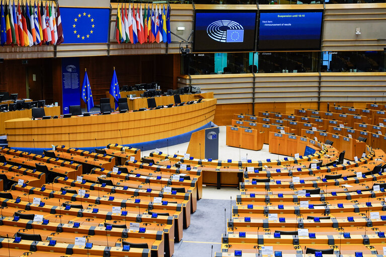 Empty plenary chamber in Brussels