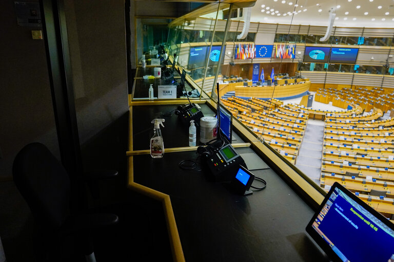 Empty plenary chamber in Brussels