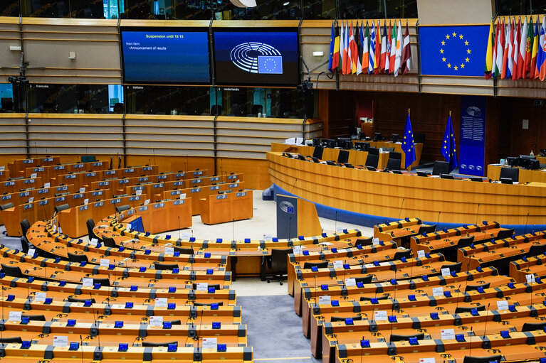 Empty plenary chamber in Brussels