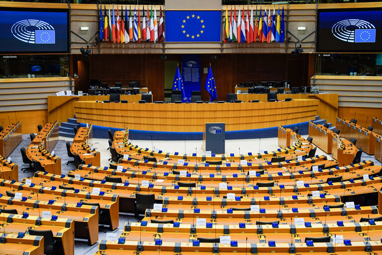 Empty plenary chamber in Brussels