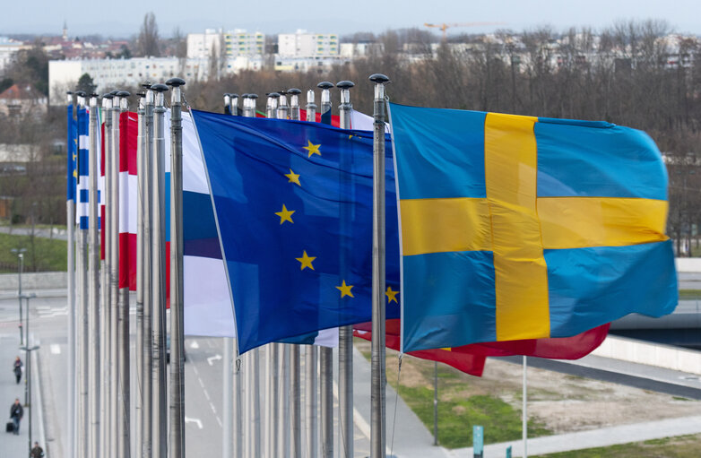 Flags waving in front of the LOW building in Strasbourg