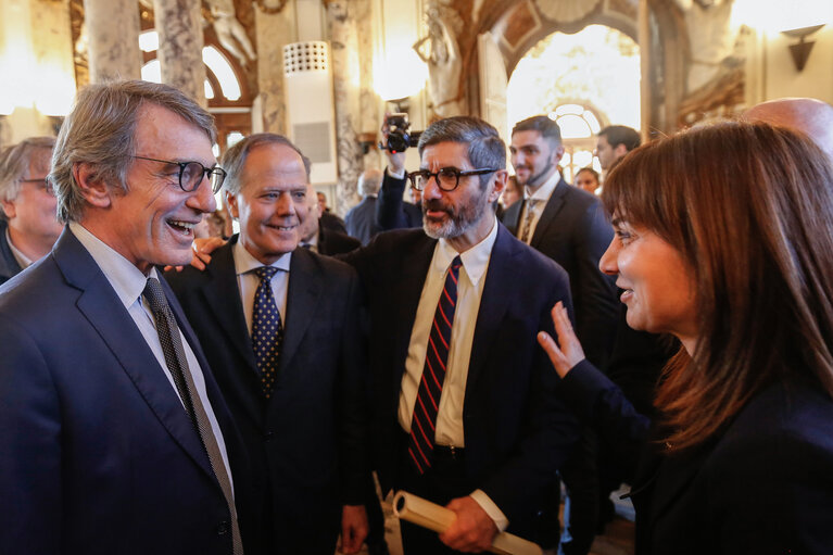 David SASSOLI, EP President, discusses with a participant after a ceremony at the Luiss University in Rome on February 21, 2020.