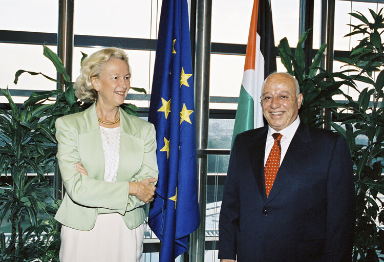 The European Parliament President Nicole FONTAINE welcoming the Speaker of the Palestinian Legislative Council Ahmed QURIE (Abu ALA) at the European Parliament of Brussels on the 5th of September 2000.