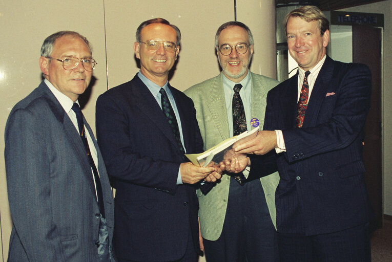 Klaus HANSCH EP President, Struan STEVENSON pose together in Strasbourg in July 1994.