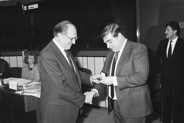 EP President awards a medal to Commissioner Peter SUTHERLAND in December 1988