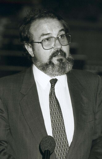 Fotagrafa 1: Spanish Secretary of State Pedro SOLBES addresses a plenary session in Strasbourg at the end of the Spanish Presidency in July 1989