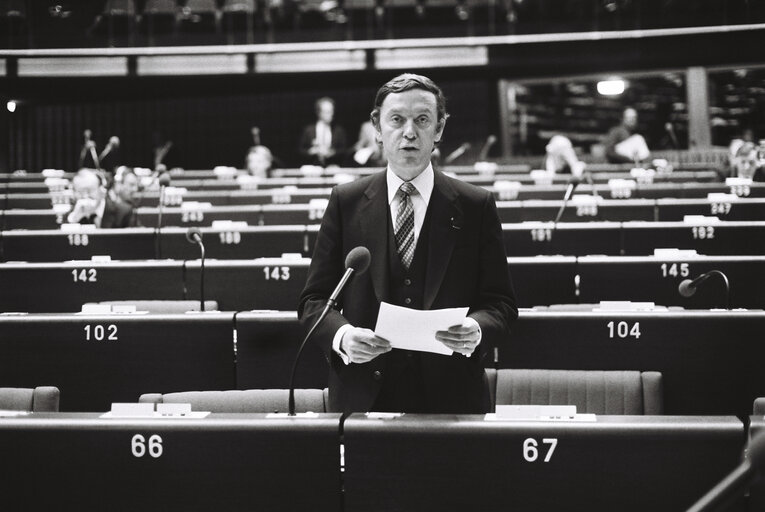 The MEP Andre DAMSEAUX during a session in Strasbourg in March 1980.