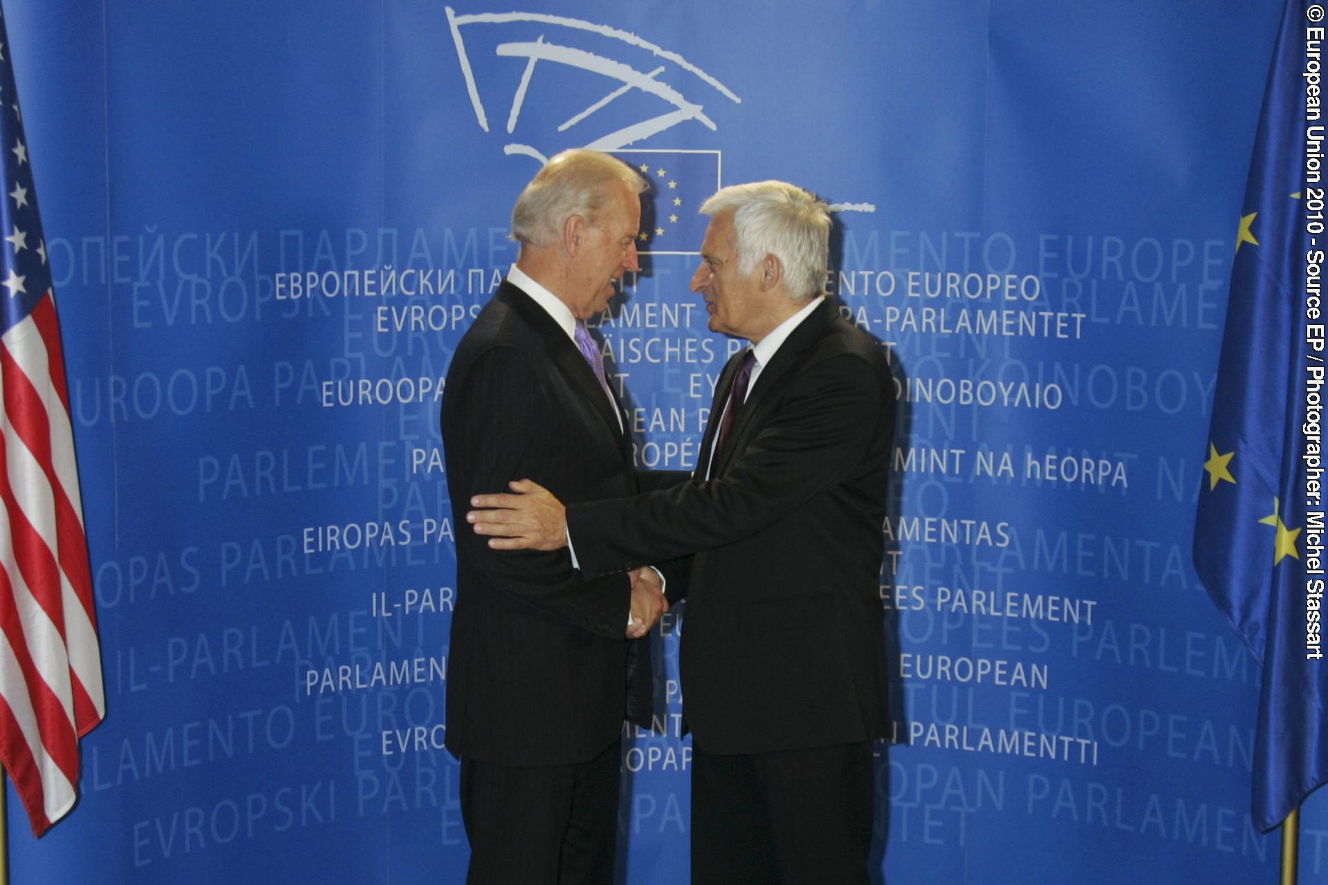 European Parliament President Jerzy Buzek welcomes Joe Biden, US Vice-President, at the European Parliament in Brussels.