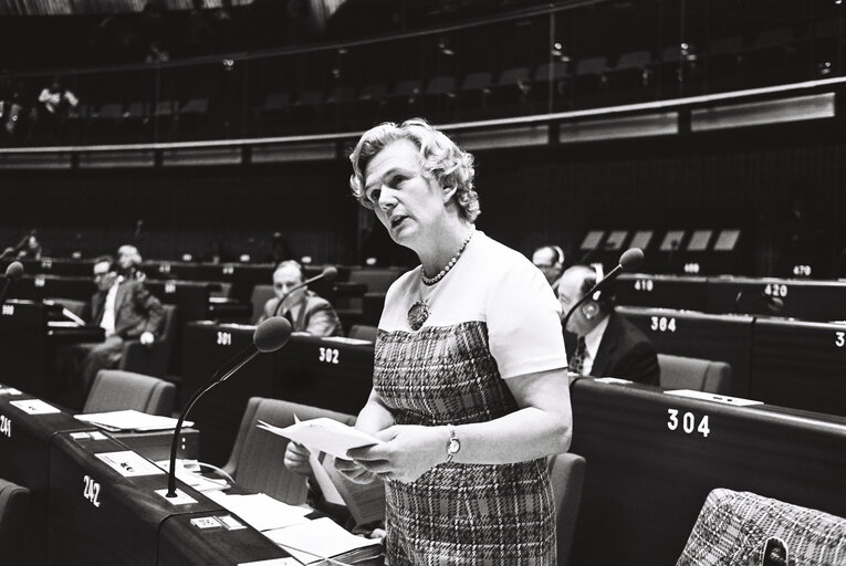 The MEP Elaine KELLETT-BOWMAN during a session in the hemicycle of Strasbourg in November 1979.