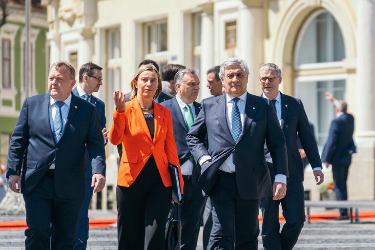 The President of the European Parliament, Antonio Tajani, talks to Federica Mogherini at the Sibiu Summit, Thursday, May 9th, 2019, in Sibiu, Romania.