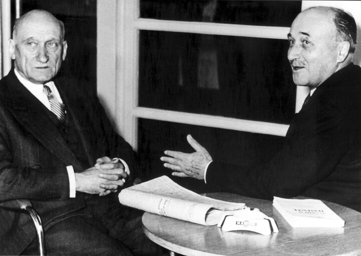 Robert Schuman, President of the Common Parliamentary Assembly, with Jean Monnet, French High Commissioner for Planning during a meeting of the CPA in Strasbourg in 1958