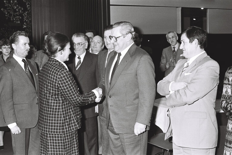 MEPs and EP President Simone VEIL celebrate Epiphany with a Twelfth Night Cake or Galette des Rois ahead of a plenary session in Strasbourg in January 1980