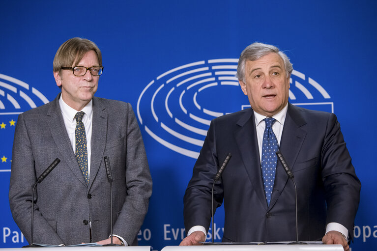 EP joint press point by Antonio TAJANI, EP President and Guy VERHOFSTADT (ALDE,BE), EP Brexit coordinator  following their meeting with Theresa May, British Prime Minister