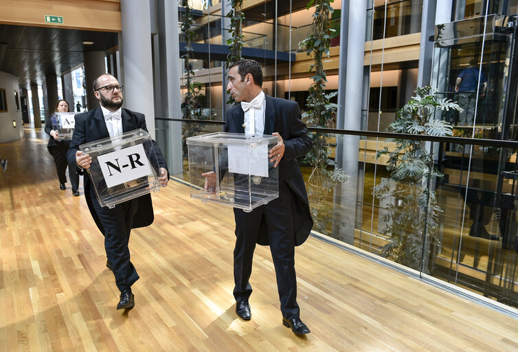 Fotogrāfija 3: Usher carrying a ballot box for the EP President election