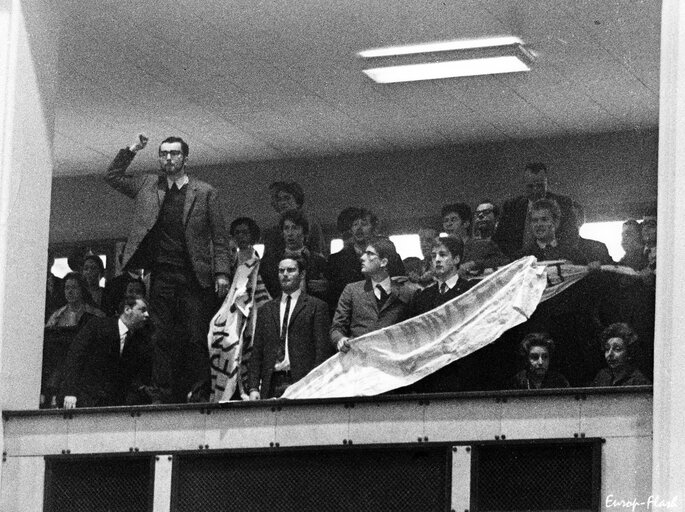 Students protest during a plenary session at the European Parliament in Strasbourg, France, March, 11-12, 1969