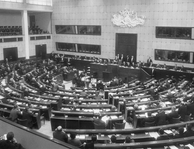 General view of the hemicycle during a plenary session at the EP in Strasbourg, France, 1971