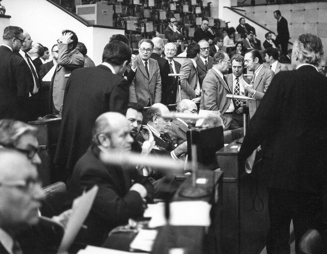 General view of the hemicycle during a plenary session at the EP in Strasbourg, France, in 1975