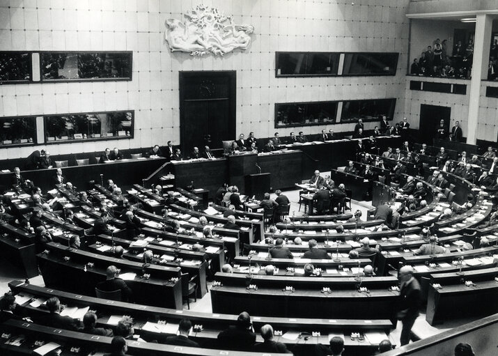 Members of the Parliament attend a plenary session in the hemicycle of the European Parliament in Strasbourg, France, in 1968