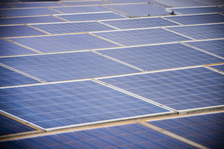 Foto 1: Renewable energy - solar panels on factory rooftop