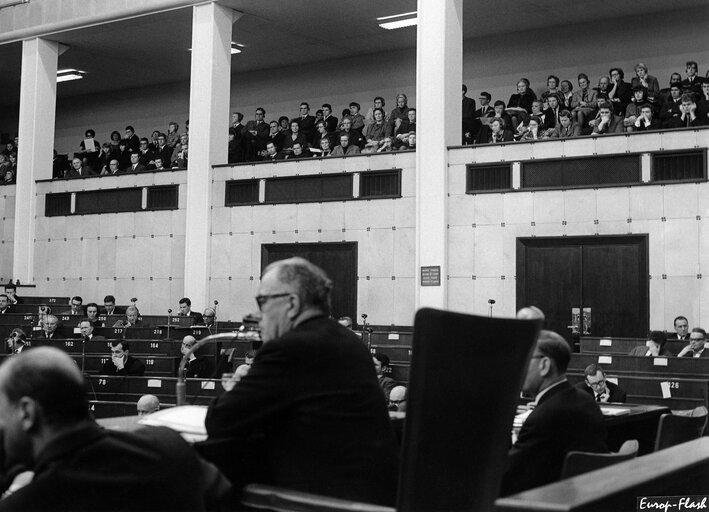 People attend a plenary session in the hemicycle of the European Parliament in Strasbourg, France, January 25, 1965