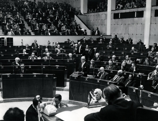 Walter HALLSTEIN speaks during a plenary session at the European Parliament in Strasbourg, France, in 1967